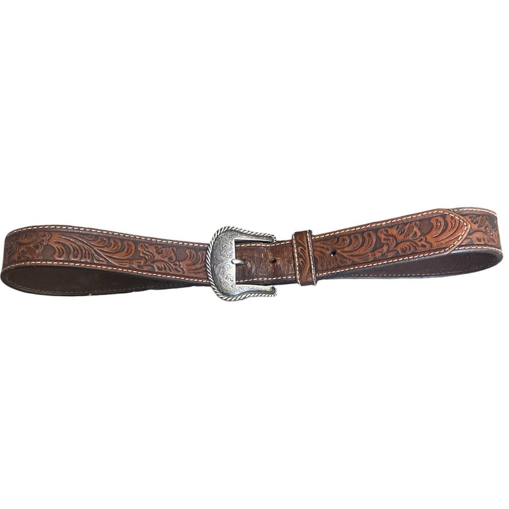 Nocona Belt Co Vintage Floral Tooled Leather Western Belt Silver Buckle Size 34